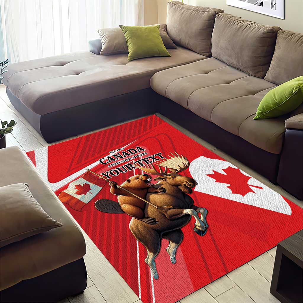 Red Canada-themed area rug with beaver and moose artwork and white maple leaf accents