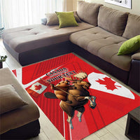 Red Canada-themed area rug with beaver and moose artwork and white maple leaf accents