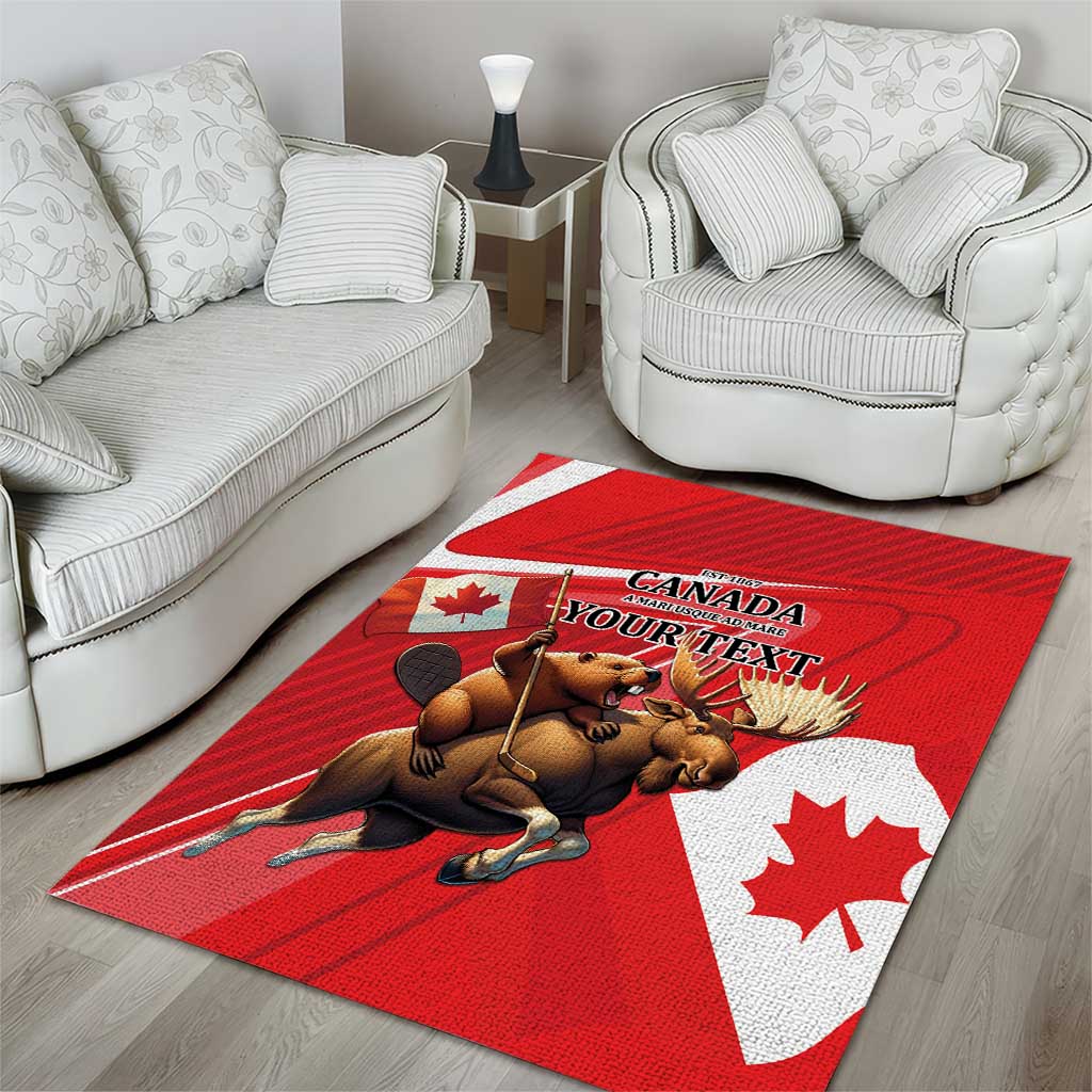 Red Canada Day floor rug with central beaver and moose graphic and large white maple leaf