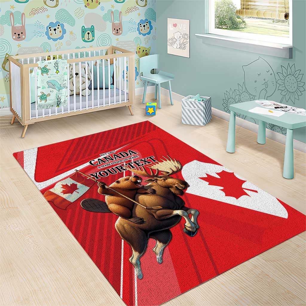 Red Canada Day area rug with beaver and moose design and Canada text over maple leaves