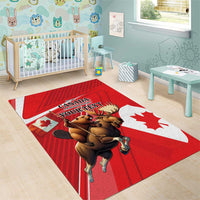 Red Canada Day area rug with beaver and moose design and Canada text over maple leaves