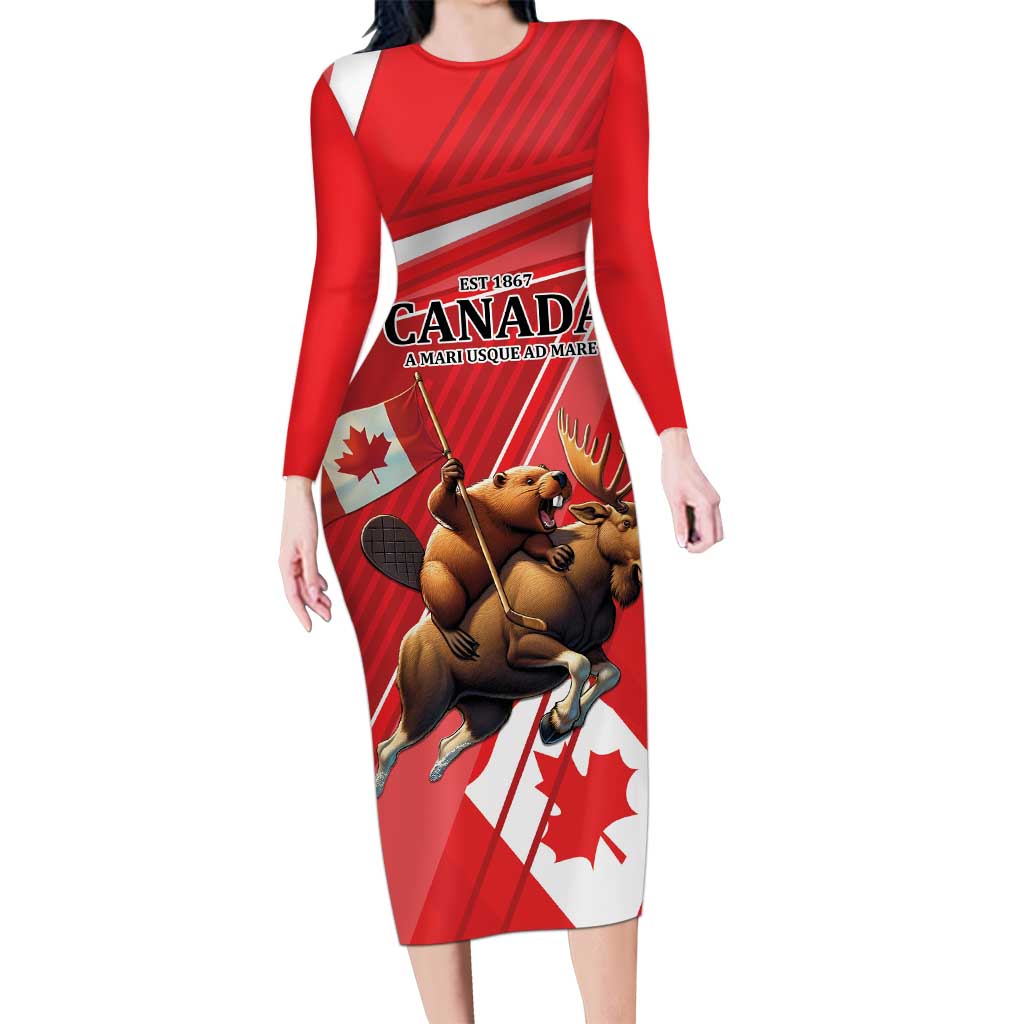 Personalized Beaver and Moose Happy Canada Day Long Sleeve Bodycon Dress Est 1867 A Mari Usque Ad Mare