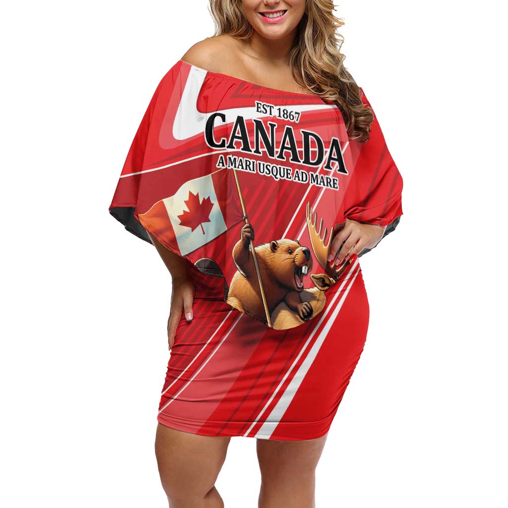 Personalized Beaver and Moose Happy Canada Day Off Shoulder Short Dress Est 1867 A Mari Usque Ad Mare