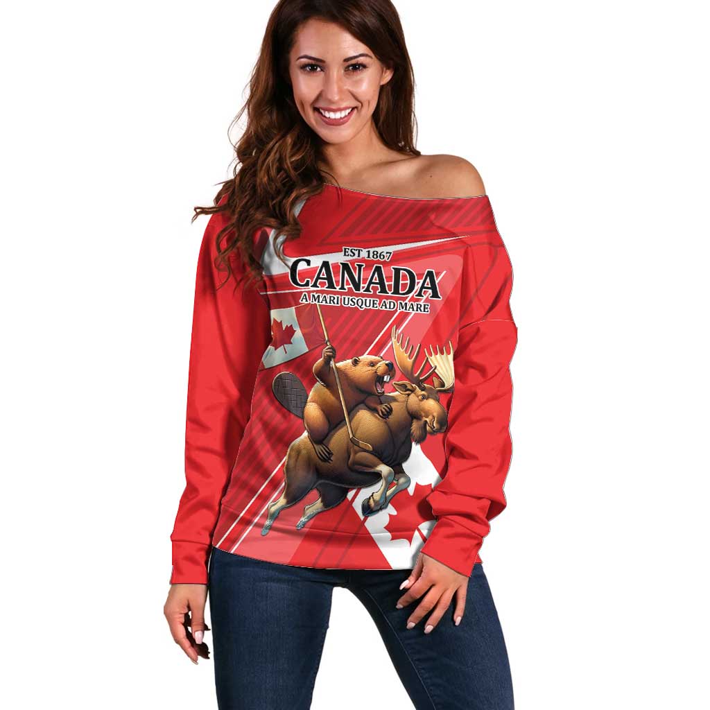 Personalized Beaver and Moose Happy Canada Day Off Shoulder Sweater Est 1867 A Mari Usque Ad Mare