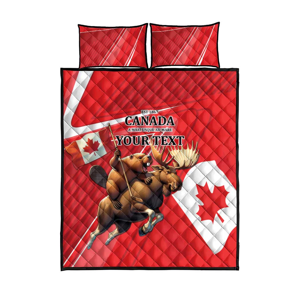 Red quilt bed set with Canada flag design, moose and beaver artwork, 2 pillow shams