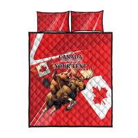 Red quilt bed set with Canada flag design, moose and beaver artwork, 2 pillow shams