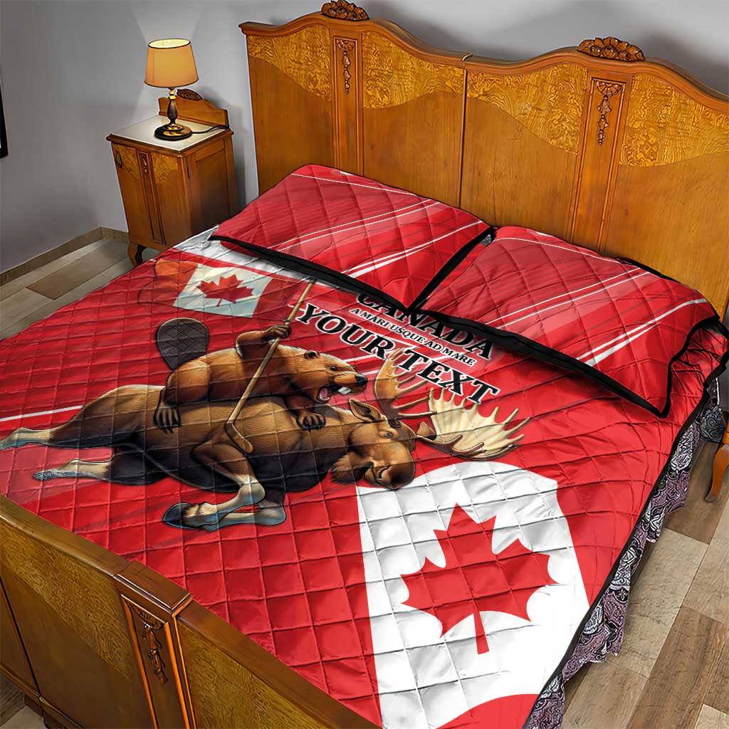 Red quilt bed set with moose and beaver graphic, Canada flag panel, 2 pillow shams