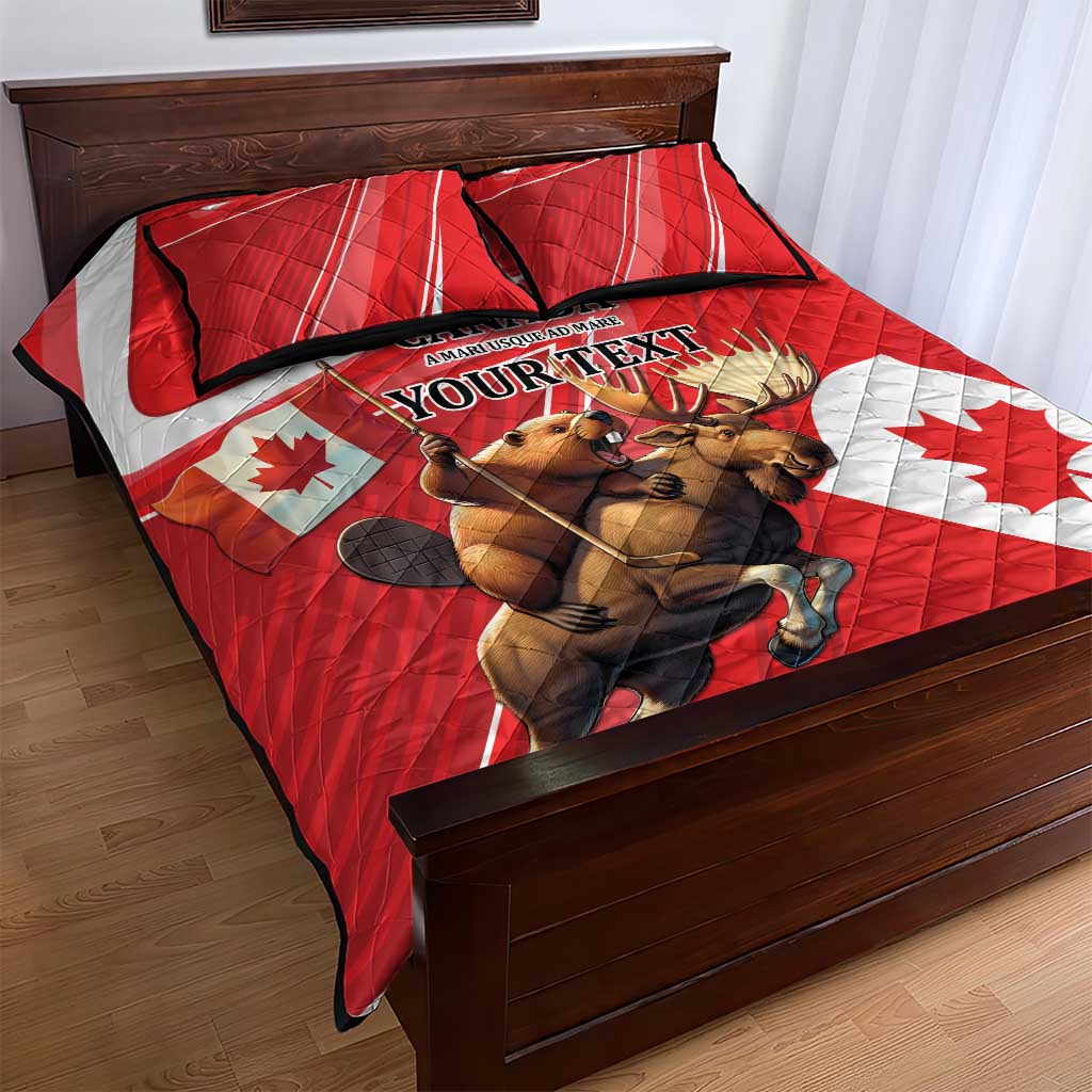 Red quilt bed set with moose and beaver artwork and Canada flags, 2 pillow shams