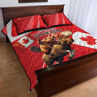 Red quilt bed set with moose and beaver artwork and Canada flags, 2 pillow shams