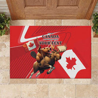 Red rubber doormat with Canada flag, beaver and moose graphic, and “YOUR TEXT”