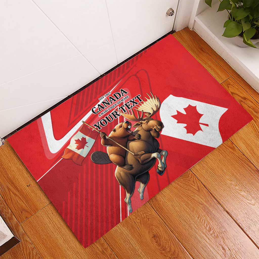 Red rubber doormat with Canada flag center, beaver and moose illustration, “YOUR TEXT”