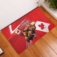Red rubber doormat with Canada flag center, beaver and moose illustration, “YOUR TEXT”