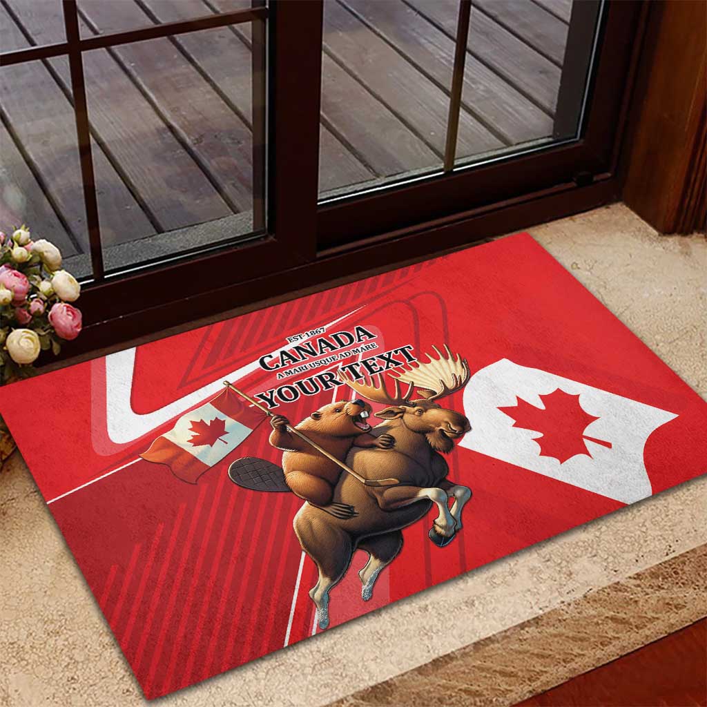 Red rubber doormat showing Canada flag with beaver and moose graphic and “YOUR TEXT”