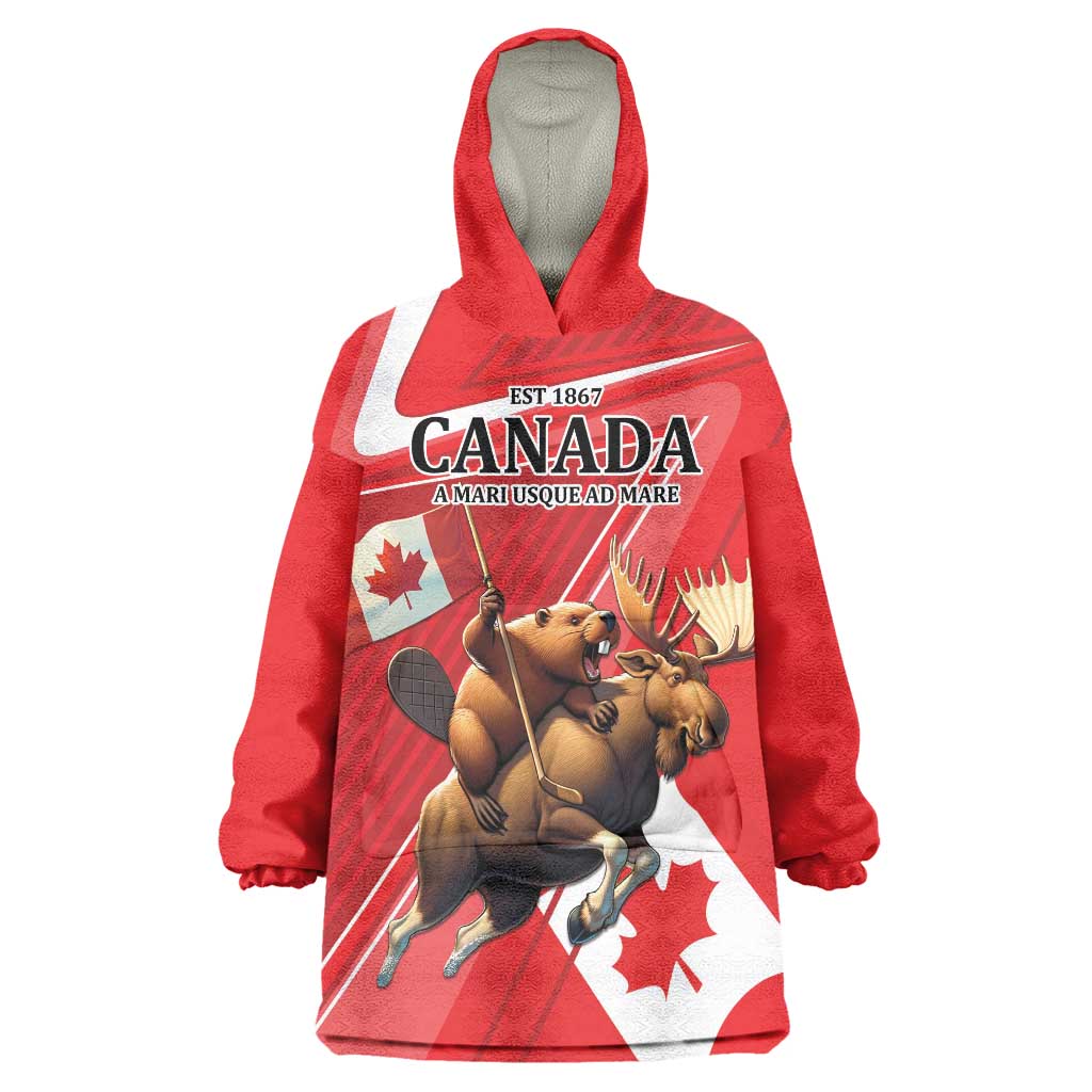 Personalized Beaver and Moose Happy Canada Day Wearable Blanket Hoodie Est 1867 A Mari Usque Ad Mare