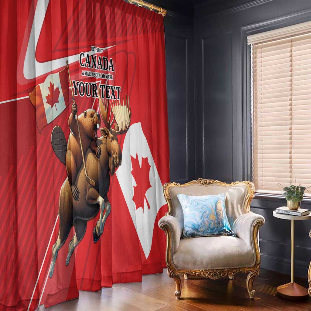 Red window curtain with beaver and moose Canada graphic and white maple leaf