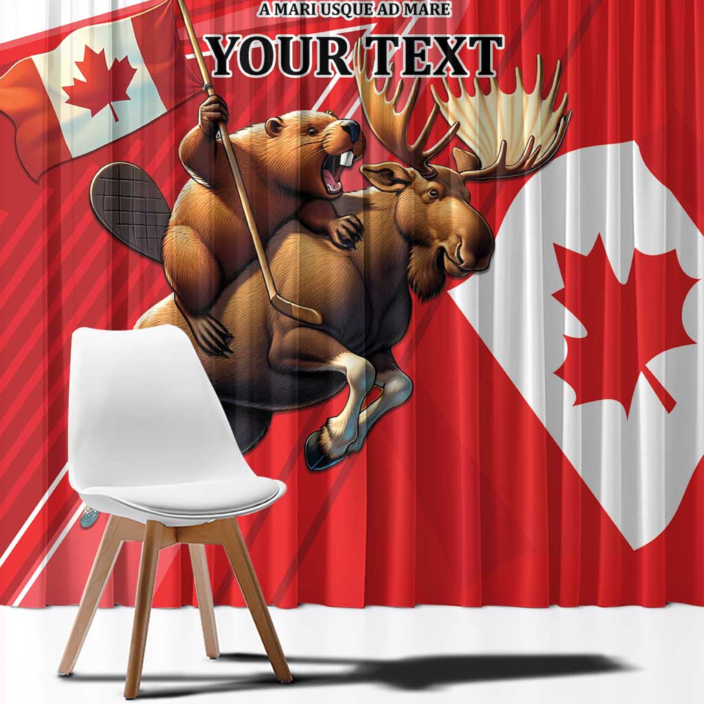 Close-up red curtain with beaver and moose holding a banner and maple leaf flags