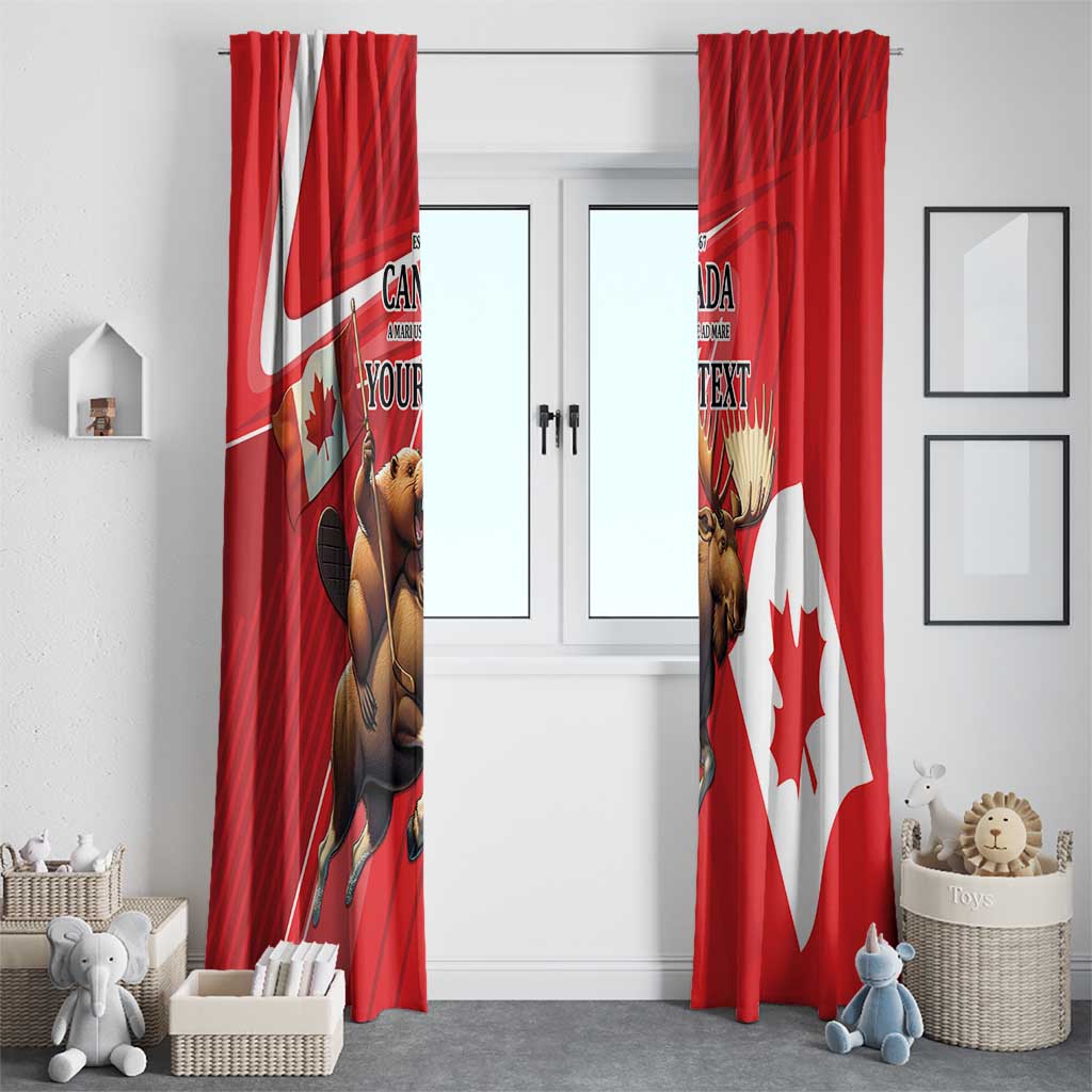 Red window curtains set with beaver and moose, maple leaf flag prints