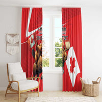 Red Canada Day curtain panels with beaver and moose central graphic and maple leaf
