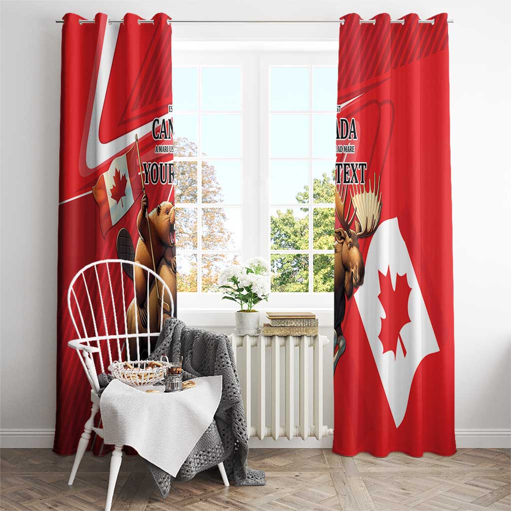 Red window curtains with beaver and moose art, Canada-themed text and maple leaf