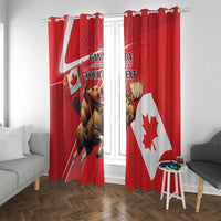 Red Canada Day window curtain panels on a rod with beaver and moose and maple leaf