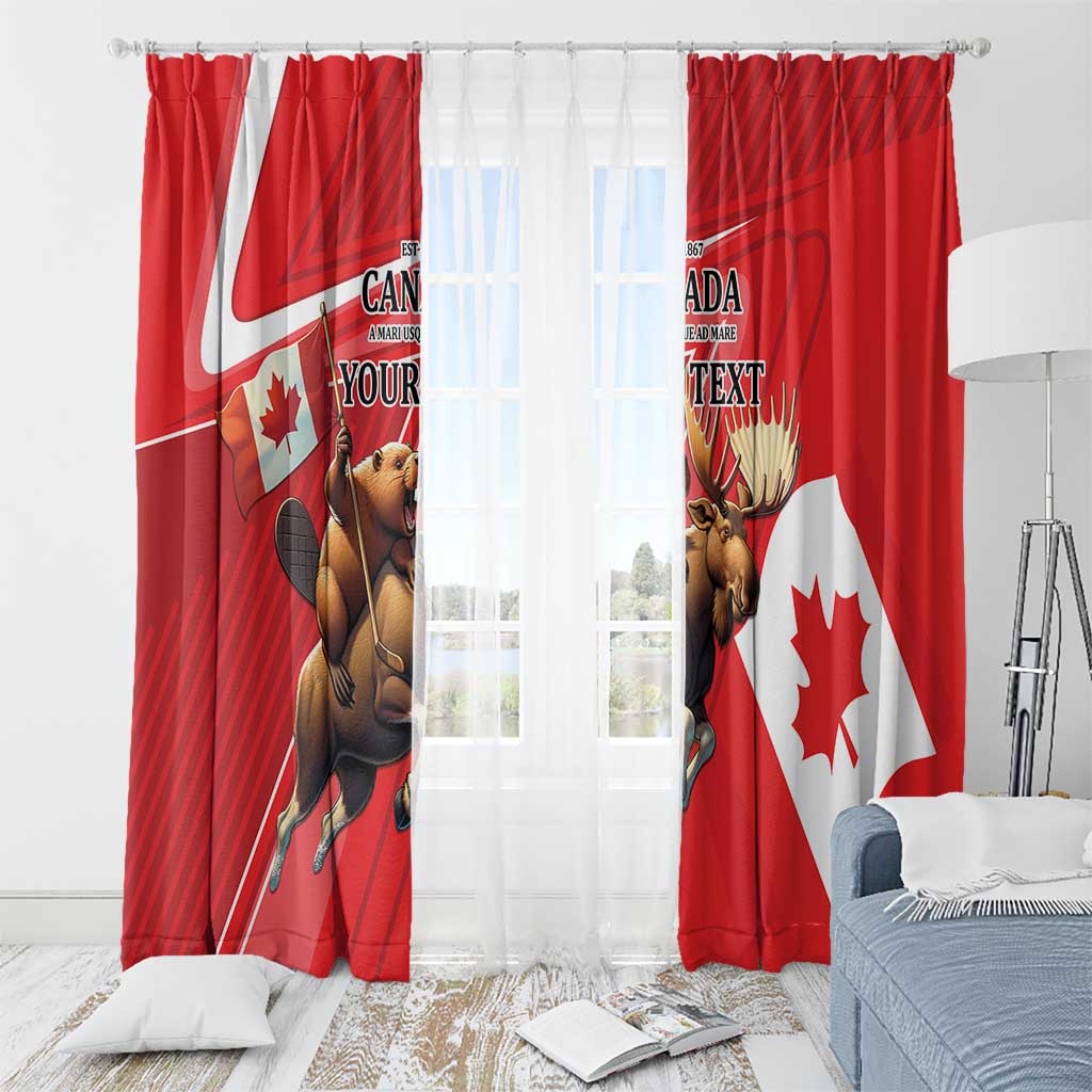 Red curtain panels with beaver and moose design, hung on a ceiling-mounted rod