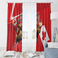 Red curtain panels with beaver and moose design, hung on a ceiling-mounted rod