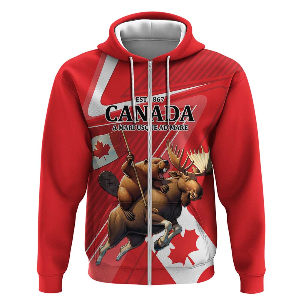 Personalized Beaver and Moose Happy Canada Day Zip Hoodie Est 1867 A Mari Usque Ad Mare