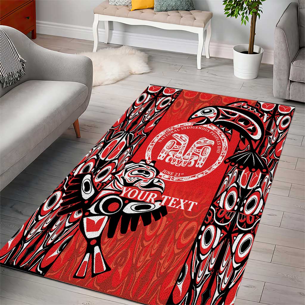 Red tribal style area rug with black-and-white motifs and round emblem, YOUR TEXT