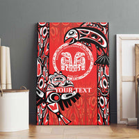 Red canvas wall art with circular seal, totem bird design, and “YOUR TEXT”