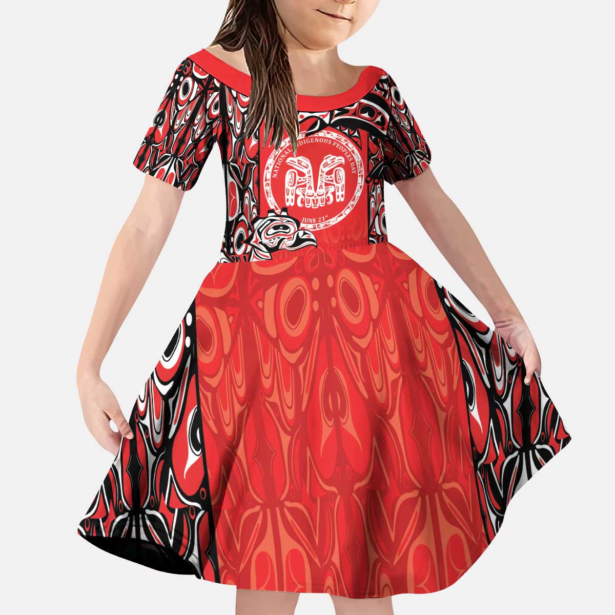 Personalized Canada Indigenous People Day Kid Short Sleeve Dress Haida Tribe Flag Tattoo Style