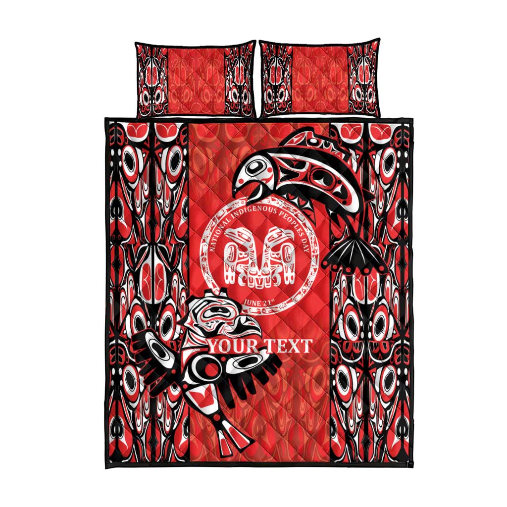 Red quilt and matching pillow set with black/white tattoo pattern and central circular emblem