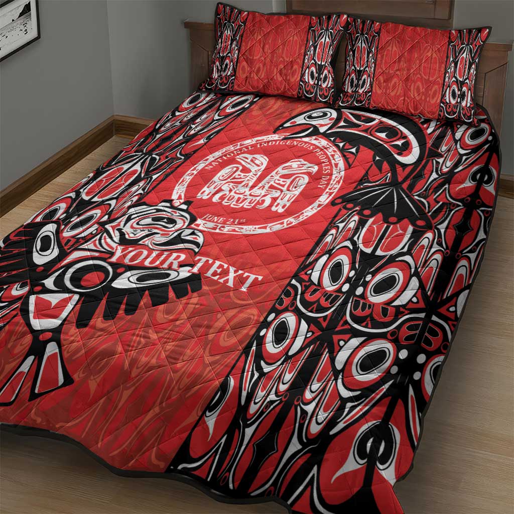 Red quilt bed set with black and white tattoo graphics, quilted texture, and printed text