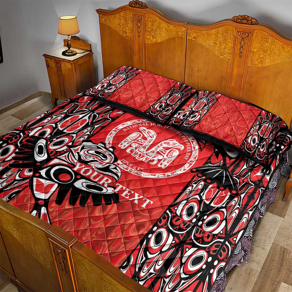 Red quilt bed set with black and white tattoo pattern, circular seal, and two pillow shams