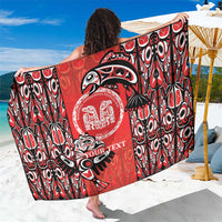 Red sarong with black and white tribal pattern, round emblem and YOUR TEXT print