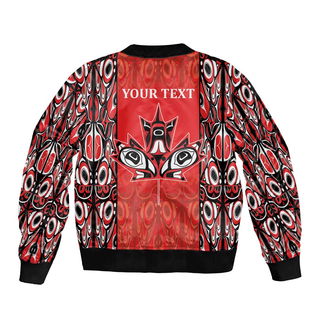 Red bomber jacket back with 'YOUR TEXT' star-and-mask tribal graphic, ribbed hem