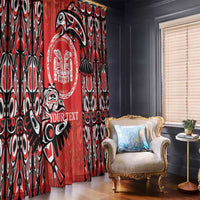 Red, black, and white tribal patterned curtain panels with totem emblem and hanging rings