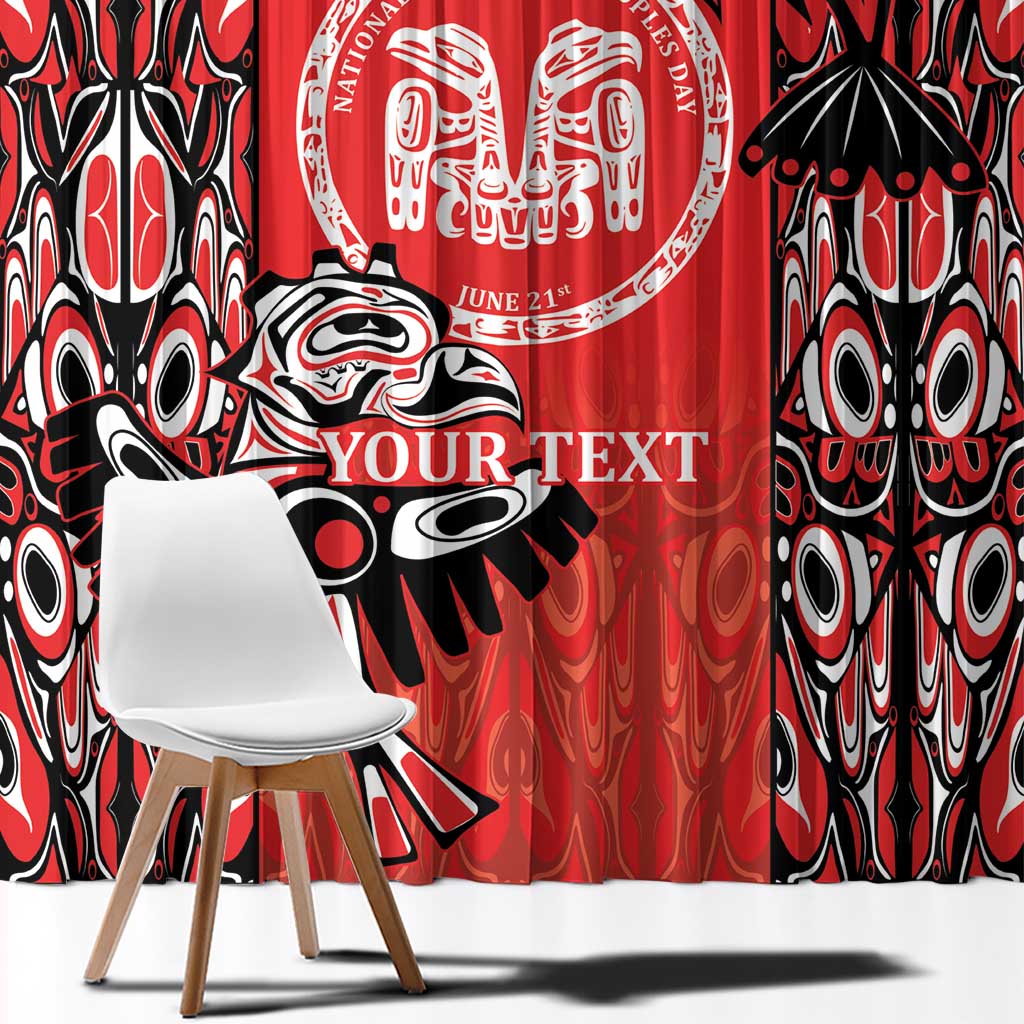 Close-up tribal design curtain panel in red, black, and white with large totem artwork