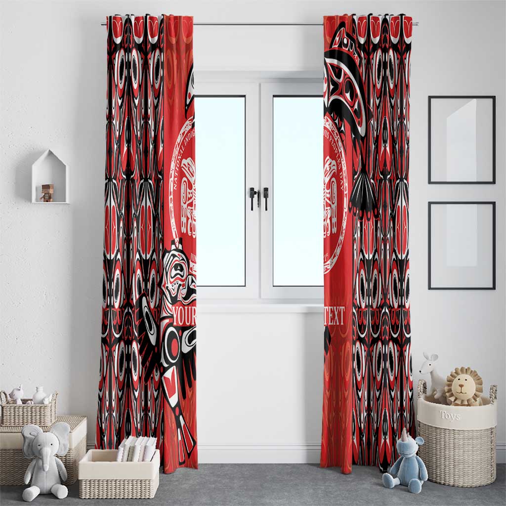 Haida-style red and black curtain panels with repeating oval motifs and totem graphic