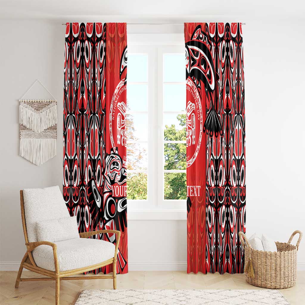 Red and black tribal curtain panels with totem emblem, hung beside a bright window