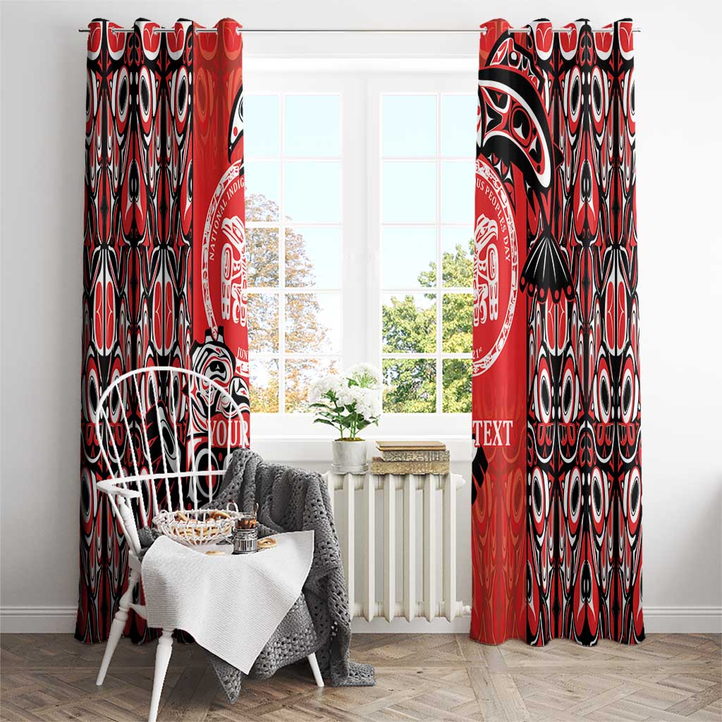 Red and black patterned curtain panels with circular totem badge and hanging rod