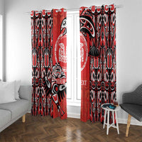 Red, black, and white tribal curtain panels with large raven-like figure and repeating ovals