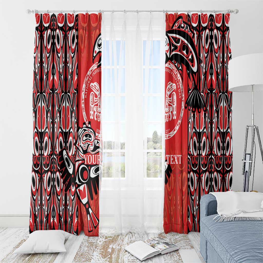 Red and black Haida-style curtain panels with totem emblems and white hanging loops
