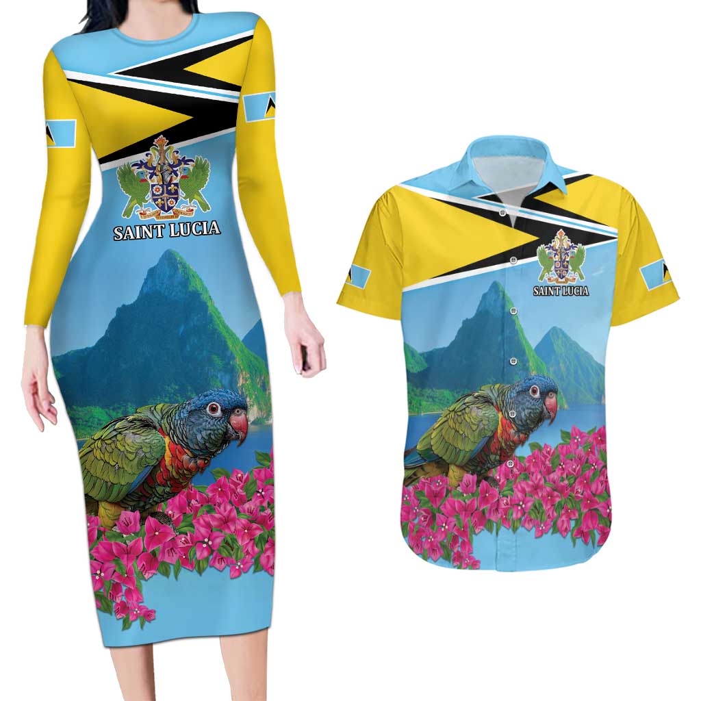 Personalized Pitons Saint Lucian Bougainvillea Couples Matching Long Sleeve Bodycon Dress and Hawaiian Shirt