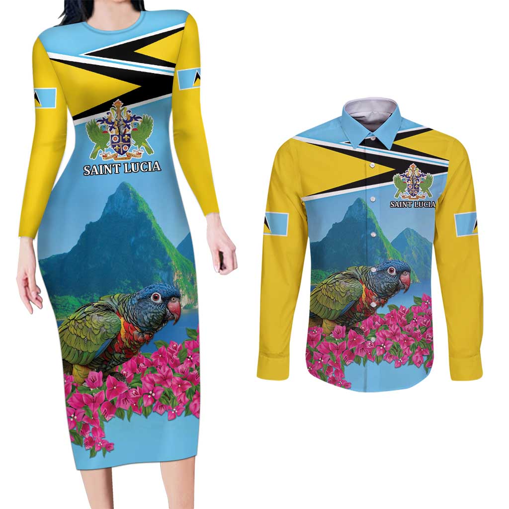 Personalized Pitons Saint Lucian Bougainvillea Couples Matching Long Sleeve Bodycon Dress and Long Sleeve Button Shirt