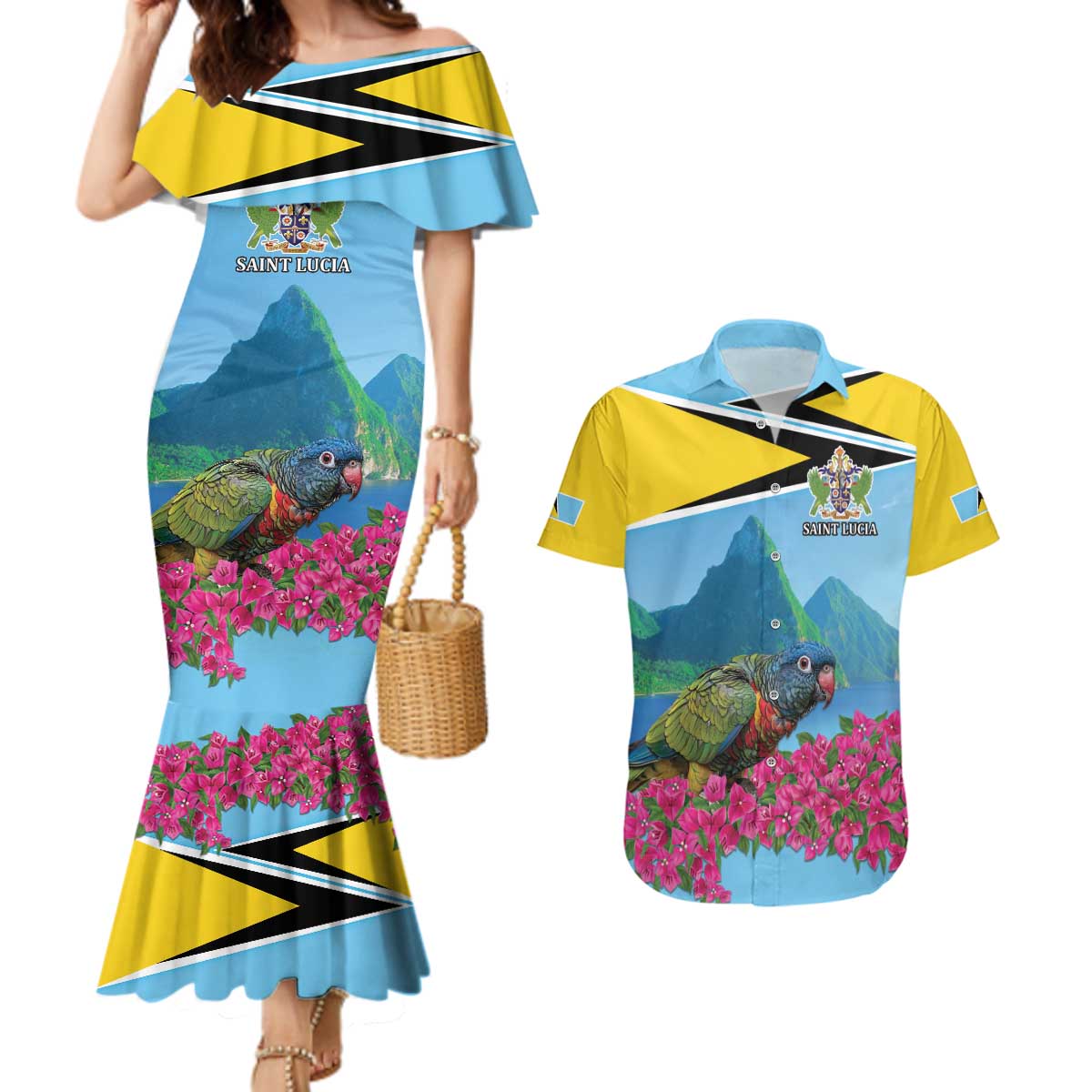 Personalized Pitons Saint Lucian Bougainvillea Couples Matching Mermaid Dress and Hawaiian Shirt