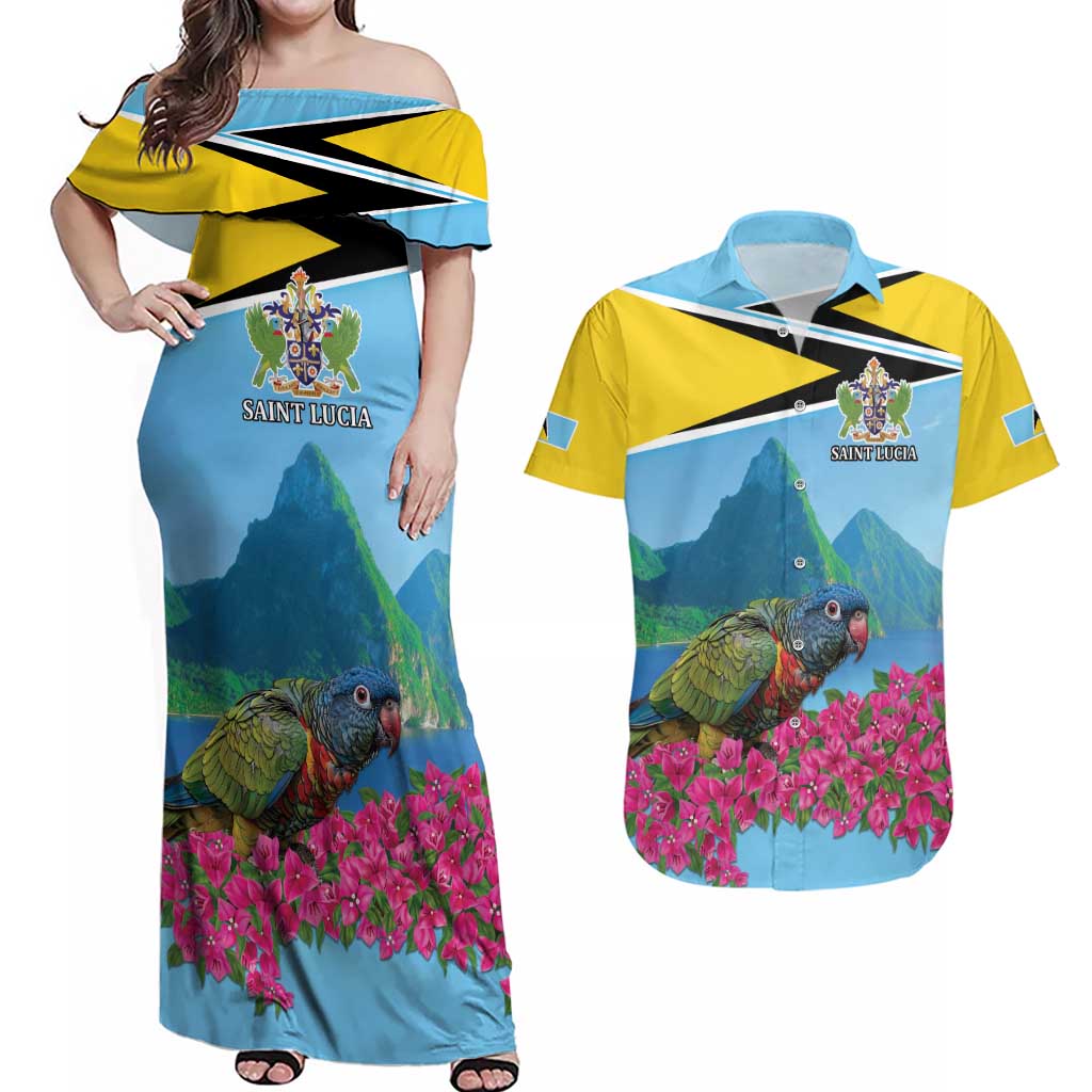 Personalized Pitons Saint Lucian Bougainvillea Couples Matching Off Shoulder Maxi Dress and Hawaiian Shirt