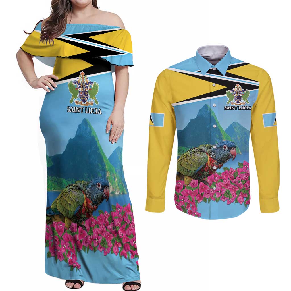 Personalized Pitons Saint Lucian Bougainvillea Couples Matching Off Shoulder Maxi Dress and Long Sleeve Button Shirt