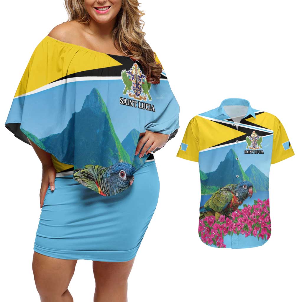 Personalized Pitons Saint Lucian Bougainvillea Couples Matching Off Shoulder Short Dress and Hawaiian Shirt