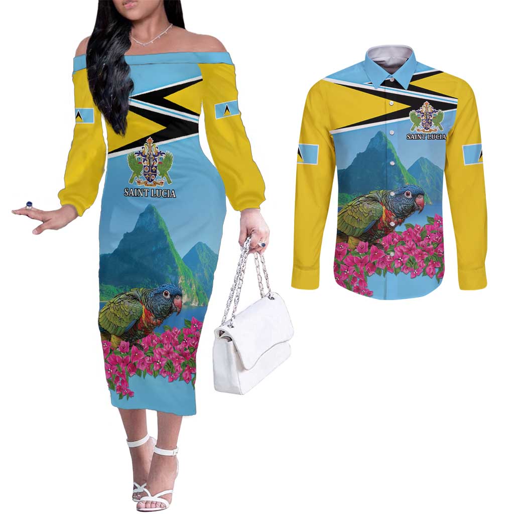 Personalized Pitons Saint Lucian Bougainvillea Couples Matching Off The Shoulder Long Sleeve Dress and Long Sleeve Button Shirt