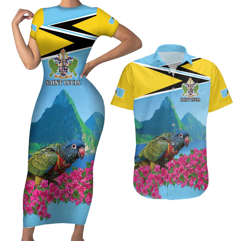 Personalized Pitons Saint Lucian Bougainvillea Couples Matching Short Sleeve Bodycon Dress and Hawaiian Shirt